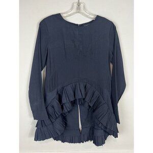 Gracia Women's Ruffled Pleated Long Sleeve Blouse High Low Small Blue Boho Artsy